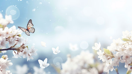 A delicate butterfly hovers near a cluster of blooming cherry blossoms, capturing the essence of...