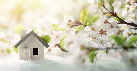 A miniature house surrounded by blooming cherry blossoms symbolizing the beauty of spring and new beginningsの写真素材