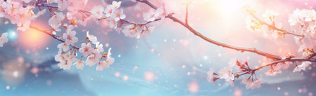A close-up of a cherry blossom branch with delicate pink and white blossoms. The background is a...