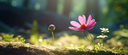 A close-up of a pink cosmos flower in full bloom, with a bud beside it, set against a backdrop of a blurred green forest. The sun's light shines through the leaves, creating a soft, warm glow on the flower.の写真素材