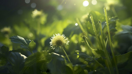 A single dandelion bathed in the warm light of the sun, surrounded by lush green leaves and foliage.の写真素材