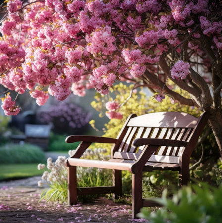 A wooden bench sits peacefully under a canopy of blooming pink flowers in a garden setting.の写真素材
