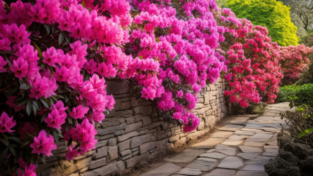 A stone path winding through a lush garden filled with vibrant pink rhododendrons, creating a stunning display of natural beauty.の写真素材