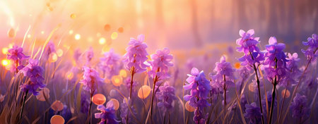 A beautiful image of purple flowers blooming in a meadow at sunset. The flowers are bathed in warm, golden light, and the image has a dreamy, romantic feel.の写真素材