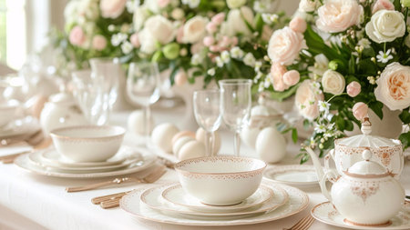 A beautifully set table with a floral arrangement in the background. The tableware is elegant, and...