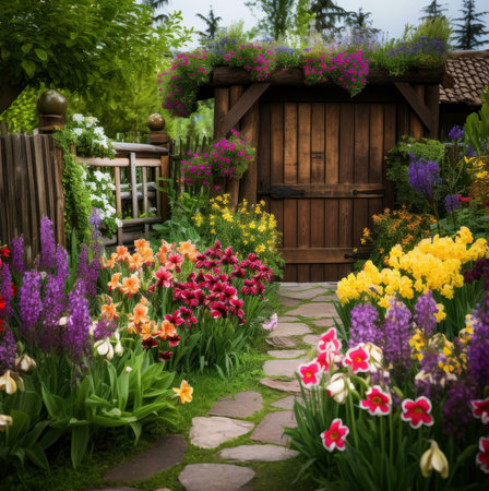 A captivating view of a garden gate opening to a stone pathway leading through a lush and vibrant garden with an array of blooming flowers and greenery.の写真素材