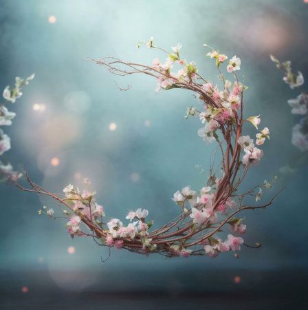 A delicate spring blossom wreath with soft pink and white petals, creating a beautiful and romantic...