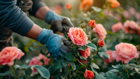 Close-up of a gardener's gloved hands tending to a delicate pink rose bush in a lush garden.
