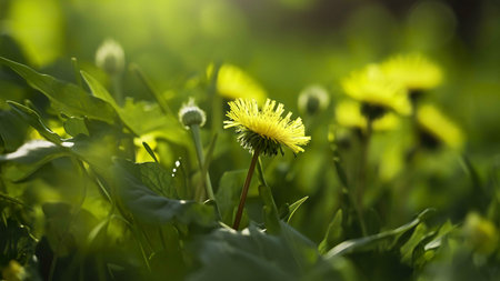 A single dandelion flower stands out in a field of green grass, bathed in warm sunlight.の写真素材
