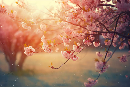 Close-up of a pink cherry blossom tree with a soft focus background of a golden sunset. The delicate blossoms are in full bloom and the light shines through the leaves, creating a romantic and peaceful atmosphere.の写真素材