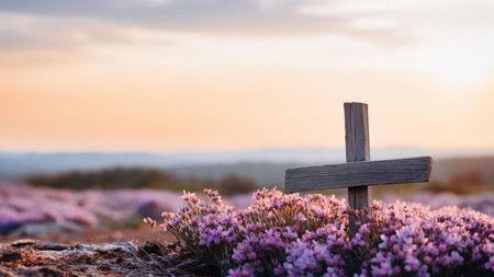 A wooden cross stands tall amidst a field of delicate pink flowers at sunset, creating a serene and spiritual scene.の写真素材