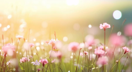 A close-up shot of a meadow filled with delicate pink wildflowers bathed in warm sunlight.