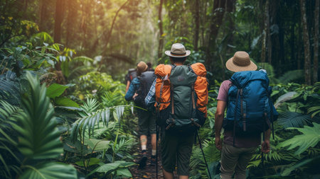 A group of hikers venture through a lush rainforest, their backpacks filled with essentials for...
