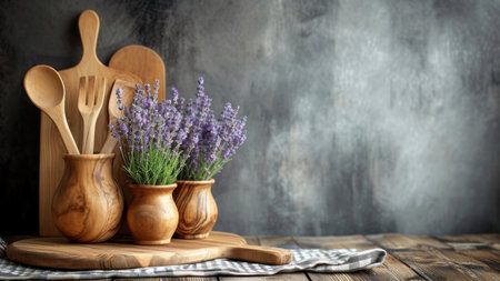 A close-up image of lavender flowers and wooden kitchen utensils arranged on a table with a gray...