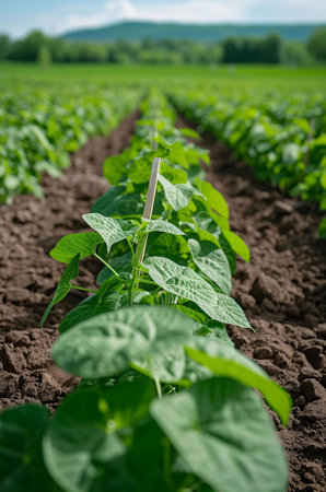 Close up view of a green bean field with rows of plants growing
