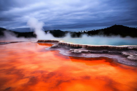 A stunning view of a geothermal hot spring with vibrant orange and red waters. The steam rising from the pool adds a mystical atmosphere to the landscape.の写真素材