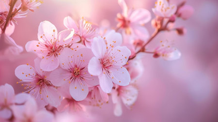 A close-up shot of delicate pink cherry blossoms in full bloom, showing the beauty of spring with soft petals and a gentle pastel color palette.の写真素材