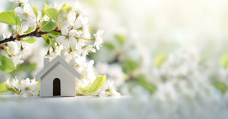 A white house model sits in front of a blooming cherry tree. The model is surrounded by the delicate...