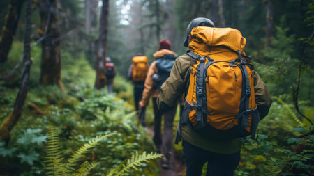 Group of hikers walking on a trail in a lush green forest, carrying backpacks