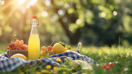 A picnic scene with a bottle of lemonade and fresh fruit on a checkered blanket, perfect for a relaxing summer day.の写真素材