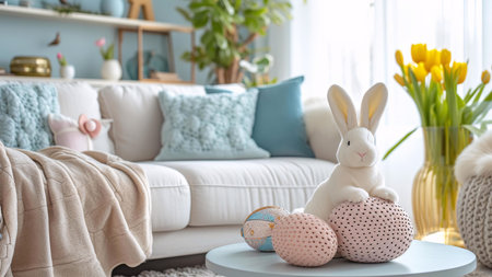A cozy living room decorated for Easter with a white bunny, colorful eggs, and a vase of yellow tulips. The sofa is covered with soft blankets and pillows.の写真素材