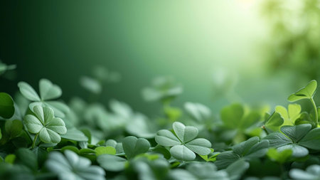 A close-up of four-leaf clovers against a green background, symbolizing luck and prosperity. The...