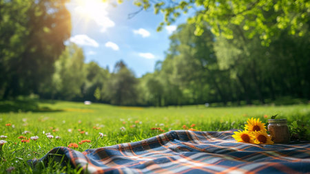 A checkered picnic blanket lies on the lush green grass in a sunny park, surrounded by vibrant green trees and a blue sky. The blanket is adorned with a few cheerful yellow flowers, hinting at a relaxed and enjoyable afternoon outdoors.の写真素材