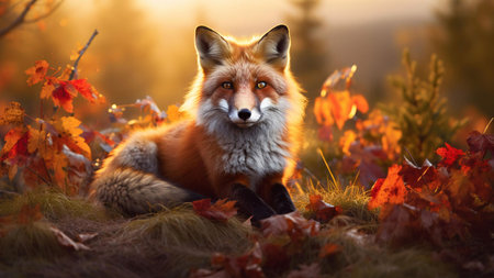 A red fox sitting in a forest setting, bathed in warm autumn sunlight, with colorful leaves around...
