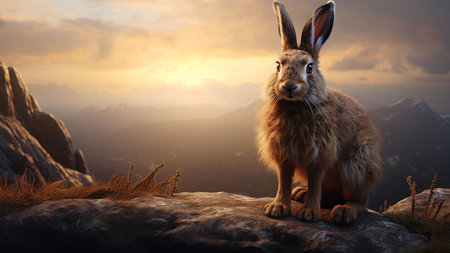 A lone bunny sits on the edge of a mountain cliff, looking out over the vast landscape with the setting sun casting a golden glow over the mountains.の写真素材