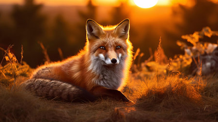 A red fox sits in a field of grass during a beautiful sunsetの写真素材