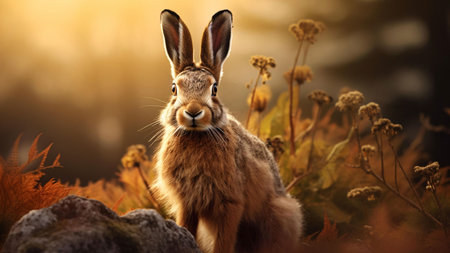 A curious hare stands in the golden hour light, with its ears perked up, looking directly at the...