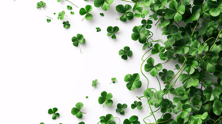 A border of clover leaves arranged on a white background for a St. Patrick's Day themed celebrationの写真素材