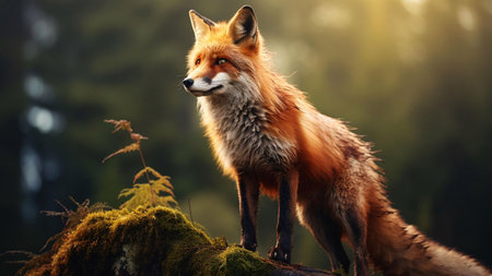 A red fox stands on a mossy log in a forest, its fur illuminated by the warm light of the setting...