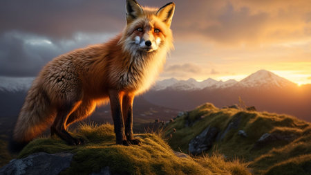 A red fox stands on a mountain peak against a backdrop of a stunning sunset.の写真素材
