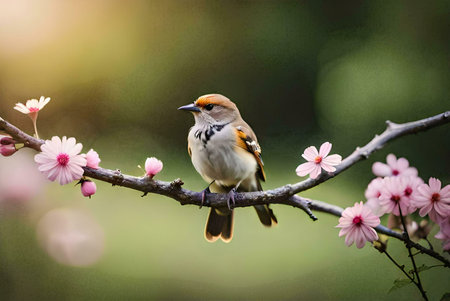 A small bird perches on a branch with pink blossoms, showing the beauty of nature's delicate details.の写真素材