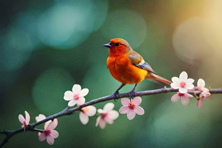 A small orange bird perched on a branch with delicate white flowers, captured in a close-up shot highlighting the intricate details of the bird's feathers and the flower's petals.の写真素材
