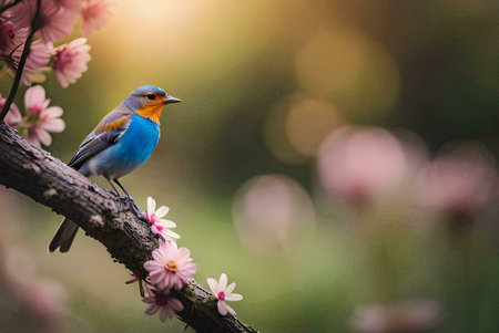 A bluebird perched on a branch with pink flowers in the background. The bird is in focus and the background is blurred.の写真素材