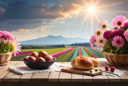 A delightful Easter brunch setting. Brown eggs in a bowl, fresh bread, and vibrant flowers set...