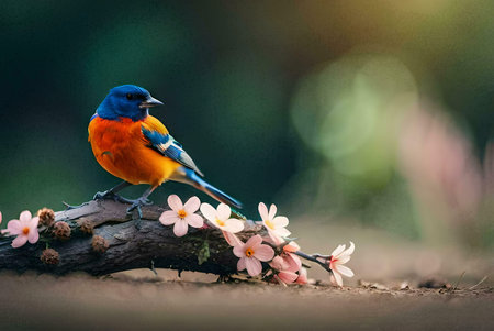 A vibrant blue and orange bird perched on a branch with pink flowers