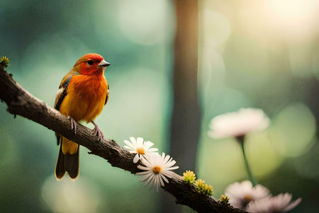 A vibrant orange bird perches gently on a branch, surrounded by delicate white flowers. A scene of calm and natural beauty.の写真素材
