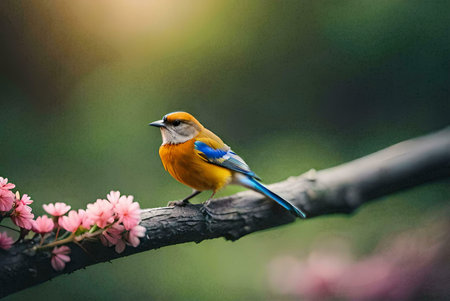 A vivid bird perched on a branch amongst pink blossoms. A nature photography.の写真素材