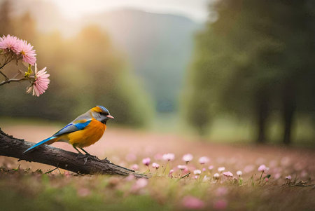 A colorful bird perched on a branch with pink flowers in the foreground and a blurry background.の写真素材