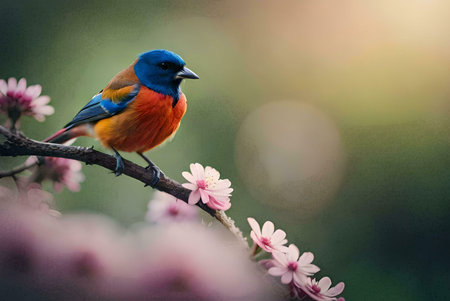 A stunning image of a colorful bird perched on a flowering branch. The vibrant colors and soft background create a peaceful atmosphere.の写真素材
