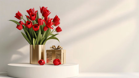 Red tulips in a gold vase with a golden gift box. Minimalist, elegant still life.の写真素材