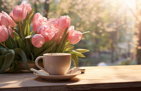 A delightful morning scene featuring a cup of coffee alongside a vibrant bouquet of pink tulips, bathed in soft sunlight.の写真素材