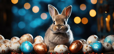 A charming Easter bunny surrounded by beautifully decorated eggs. A perfect image for Easter greetings.の写真素材