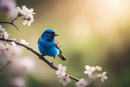 A stunning blue bird rests on a branch adorned with delicate white blossoms. Sunlight filters through the scene, creating a tranquil atmosphere.の写真素材