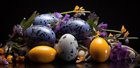A captivating image showcasing intricately designed Easter eggs amidst a profusion of spring...