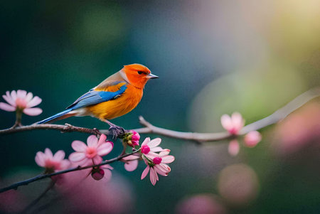 A stunning orange and blue bird rests on a branch adorned with delicate pink blossoms. A captivating scene of nature's beauty.の写真素材