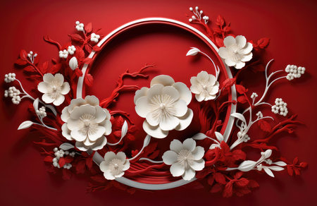 Stunning paper flower art. Red and white blossoms arranged in a circular frame on a rich red...